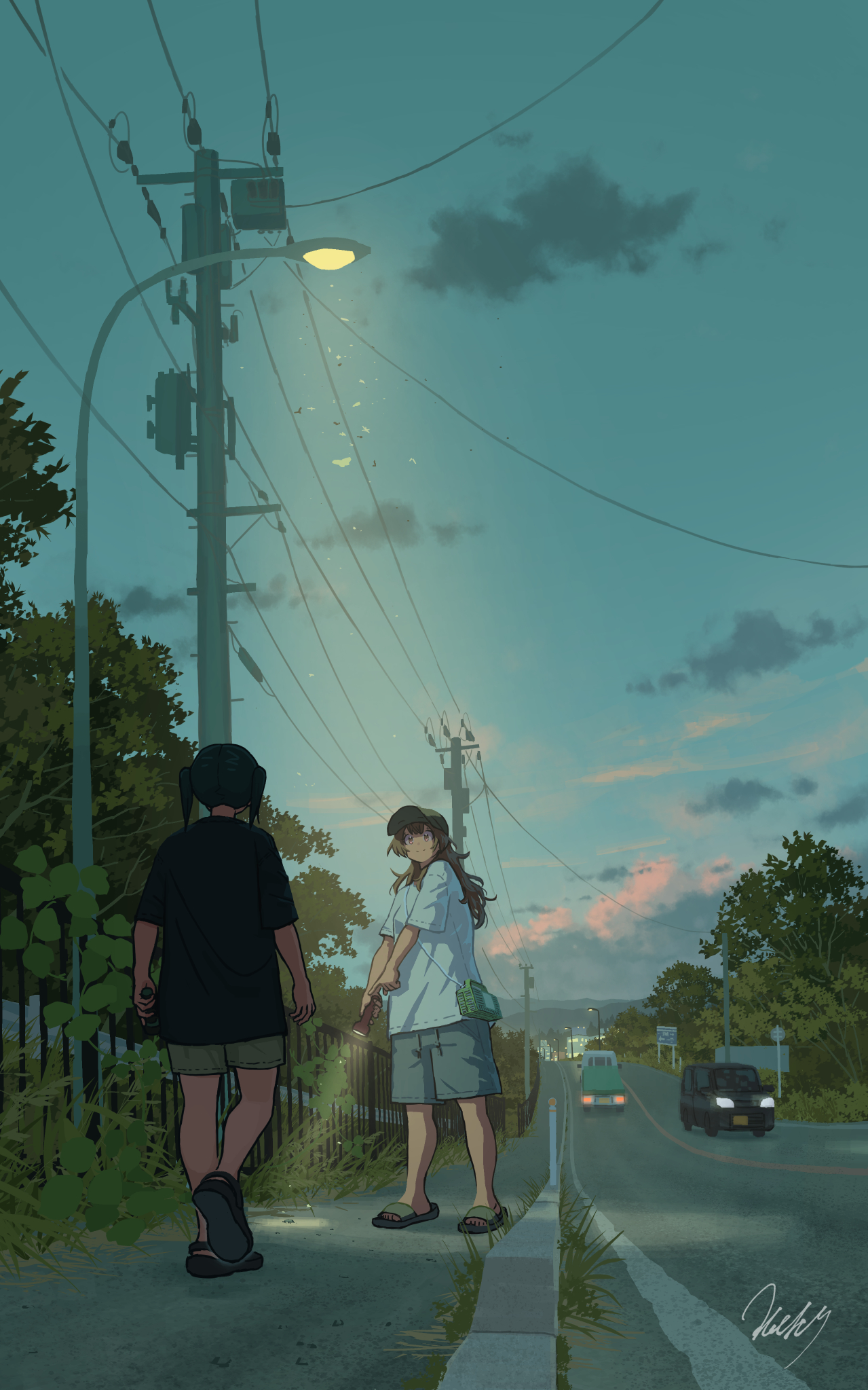 natsuno kanasemi, highres, 2girls, black hair, black shirt, brown hair, cape, car, evening, flashlight, holding, holding flashlight, lamppost, long hair, motor vehicle, multiple girls, outdoors, road, sandals, shirt, short hair, shorts, t-shirt, tree, two side up, white shirt