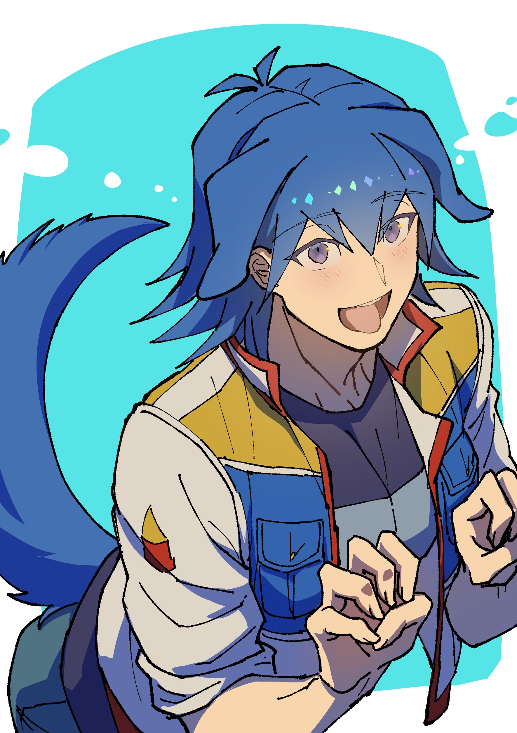 youko-shima, bruno (yu-gi-oh!), yu-gi-oh!, yu-gi-oh! 5d's, absurdres, highres, 1boy, black shirt, blue background, blue eyes, blue hair, dog tail, jacket, male focus, medium hair, open mouth, shirt, simple background, solo, tail, tongue, tongue out, white jacket