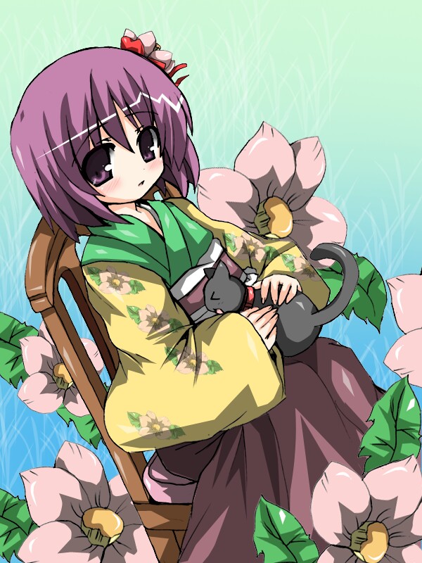 oshiruko (uminekotei), hieda no akyuu, perfect memento in strict sense, touhou, 1girl, cat, chair, female focus, flower, hair flower, hair ornament, heida no akyuu, purple eyes, purple hair, sitting, solo