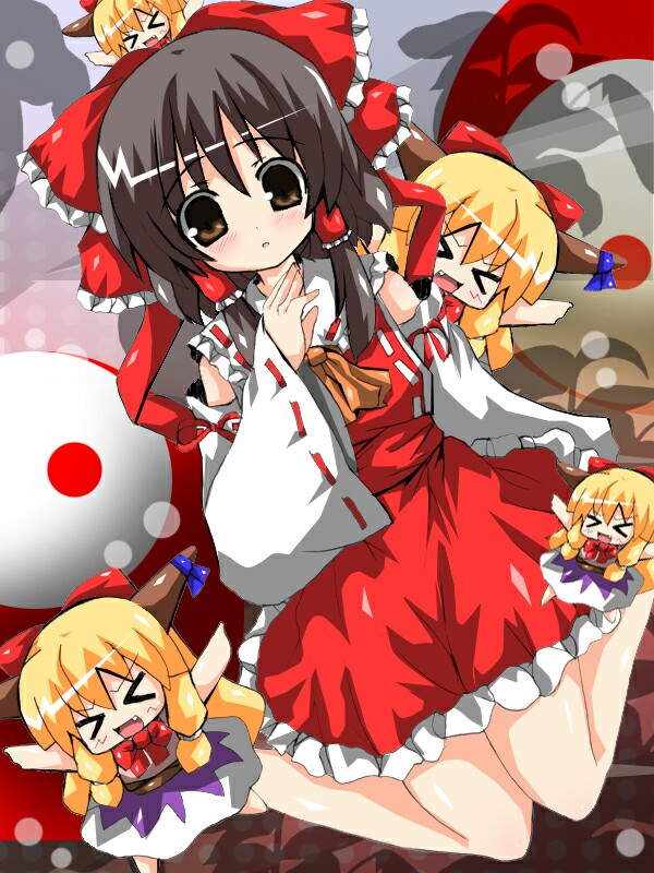 oshiruko (uminekotei), hakurei reimu, ibuki suika, touhou, 5girls, black hair, bow, chibi, clone, fang, female focus, horns, mini person, minigirl, multiple girls, orange hair