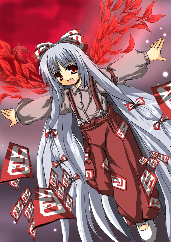oshiruko (uminekotei), fujiwara no mokou, touhou, 1girl, bow, female focus, hair bow, long hair, long sleeves, looking at viewer, multiple hair bows, ofuda, open mouth, outstretched arms, pants, petals, red eyes, red sky, shirt, shoes, sky, solo, suspenders, teeth, very long hair, white hair, white shoes