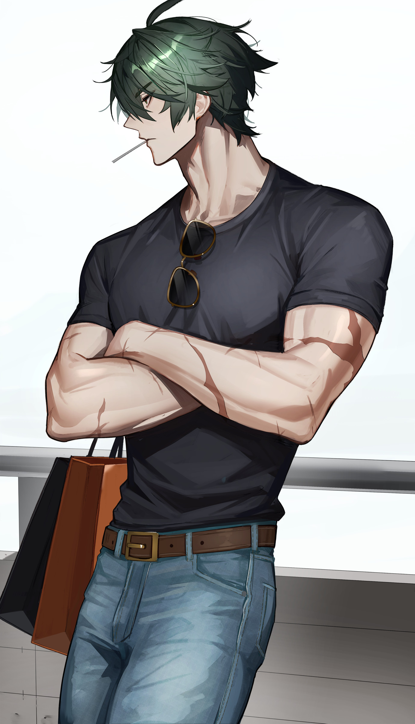 lighter (zenless zone zero), zenless zone zero, absurdres, highres, 1boy, against railing, ahoge, bag, belt, bf2xuec6ow98466, black shirt, blue pants, brown belt, closed mouth, crew neck, crossed arms, denim, feet out of frame, green hair, holding, holding bag, jeans, leaning, looking to the side, male focus, multiple scars, pants, profile, railing, scar, scar on arm, shirt, short hair, short sleeves, solo, standing, sunglasses, t-shirt, unworn eyewear
