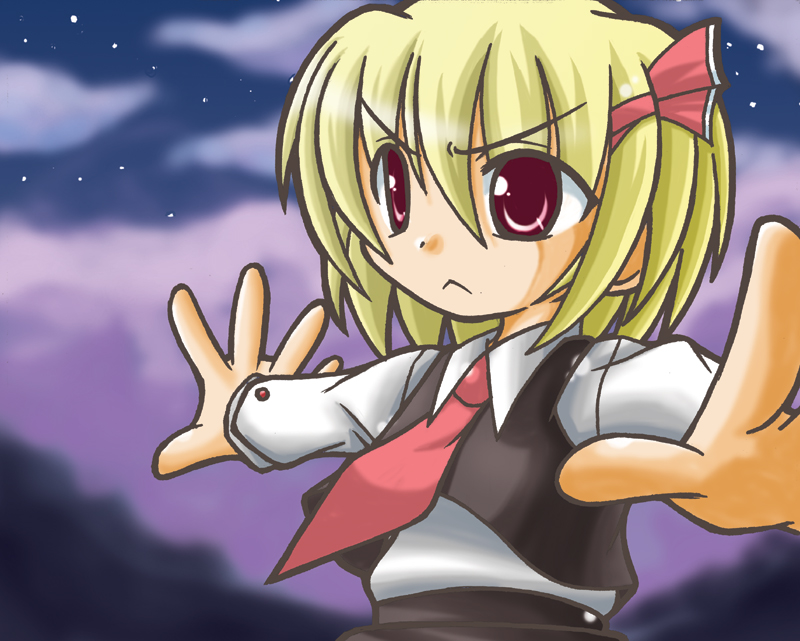 aqua minaduki, minazuki aqua, rumia, embodiment of scarlet devil, touhou, >:<, 1girl, :<, blonde hair, child, closed mouth, cloud, eyes visible through hair, female focus, hair ribbon, necktie, night, night sky, outstretched arms, red eyes, red necktie, red ribbon, ribbon, short hair, sky, solo, spread arms, star (symbol), tress ribbon, v-shaped eyebrows, white sleeves