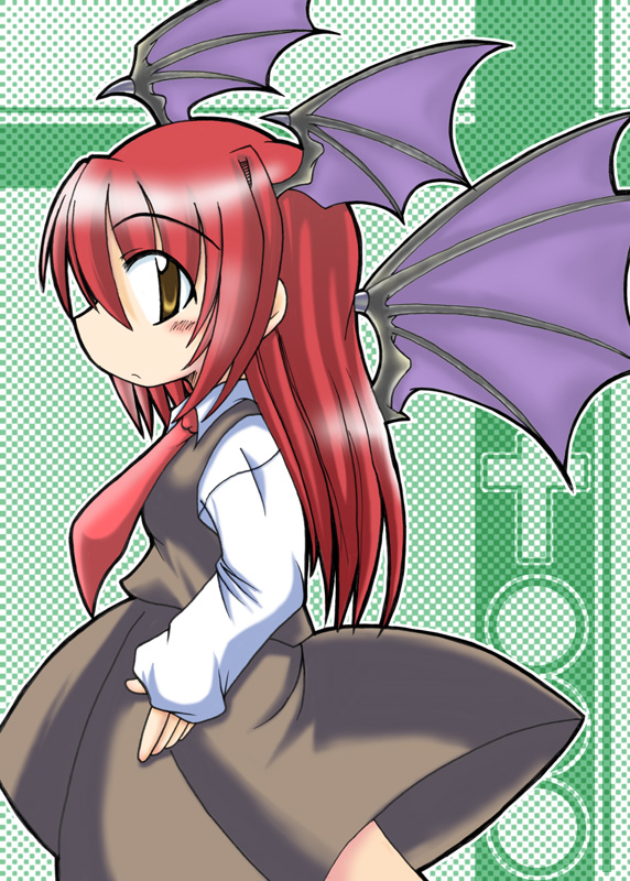 aqua minaduki, minazuki aqua, koakuma, embodiment of scarlet devil, touhou, eyebrows, 1girl, black skirt, demon wings, female focus, from side, head wings, long hair, long sleeves, looking at viewer, red eyes, skirt, skirt set, solo, standing, vest, wings, yellow eyes