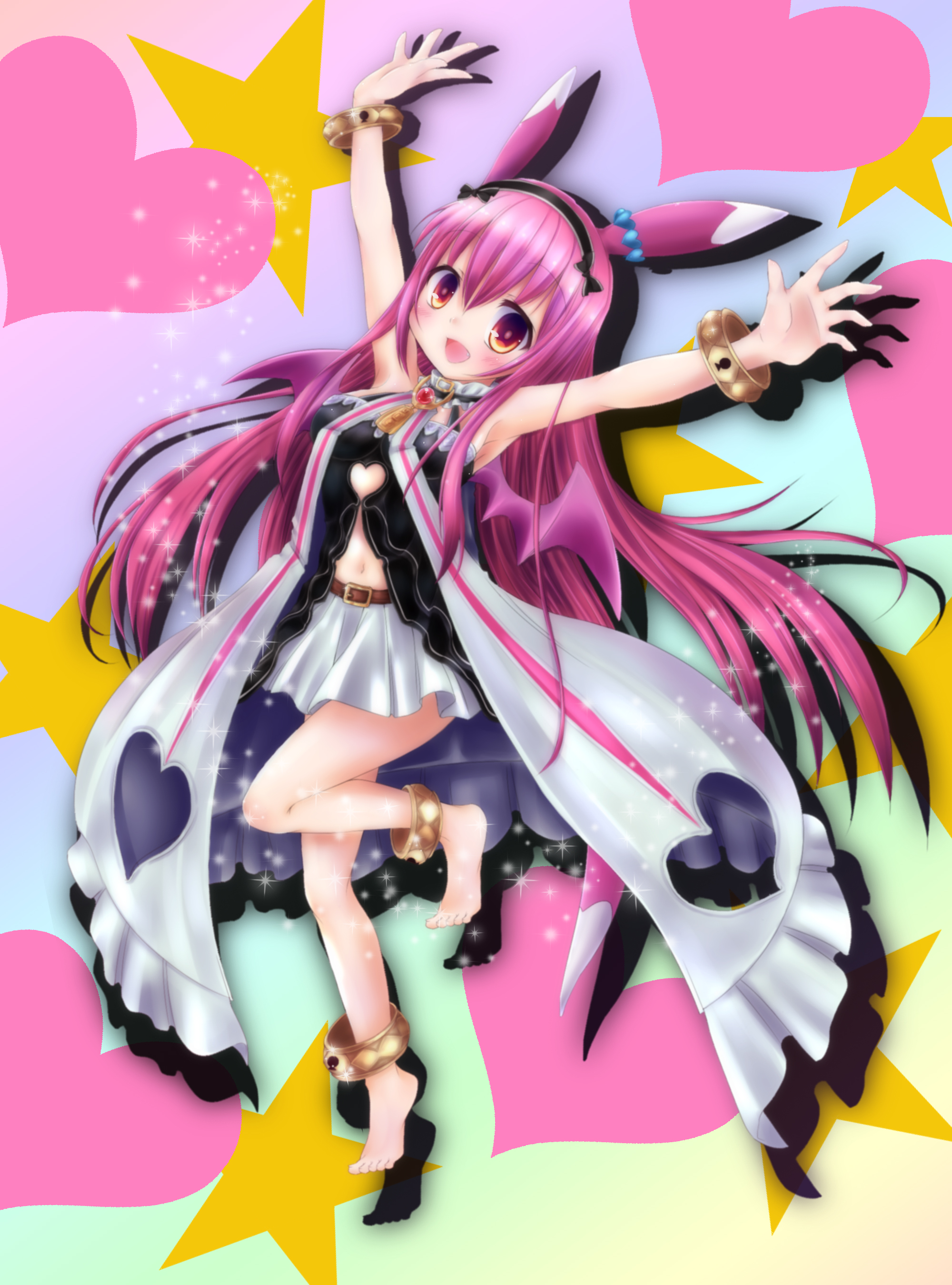 mitama nanai, emil chronicle online, absurdres, highres, 1girl, animal ears, barefoot, black camisole, black hairband, black ribbon, breasts, camisole, clothing cutout, collar, frilled collar, frills, gold anklet, gold wrist cuffs, hair ribbon, hairband, heart, heart background, jacket, long hair, medium breasts, navel, navel cutout, outstretched arms, peacefeel, pink hair, red eyes, ribbon, skirt, solo, standing, standing on one leg, stomach cutout, white jacket, white skirt