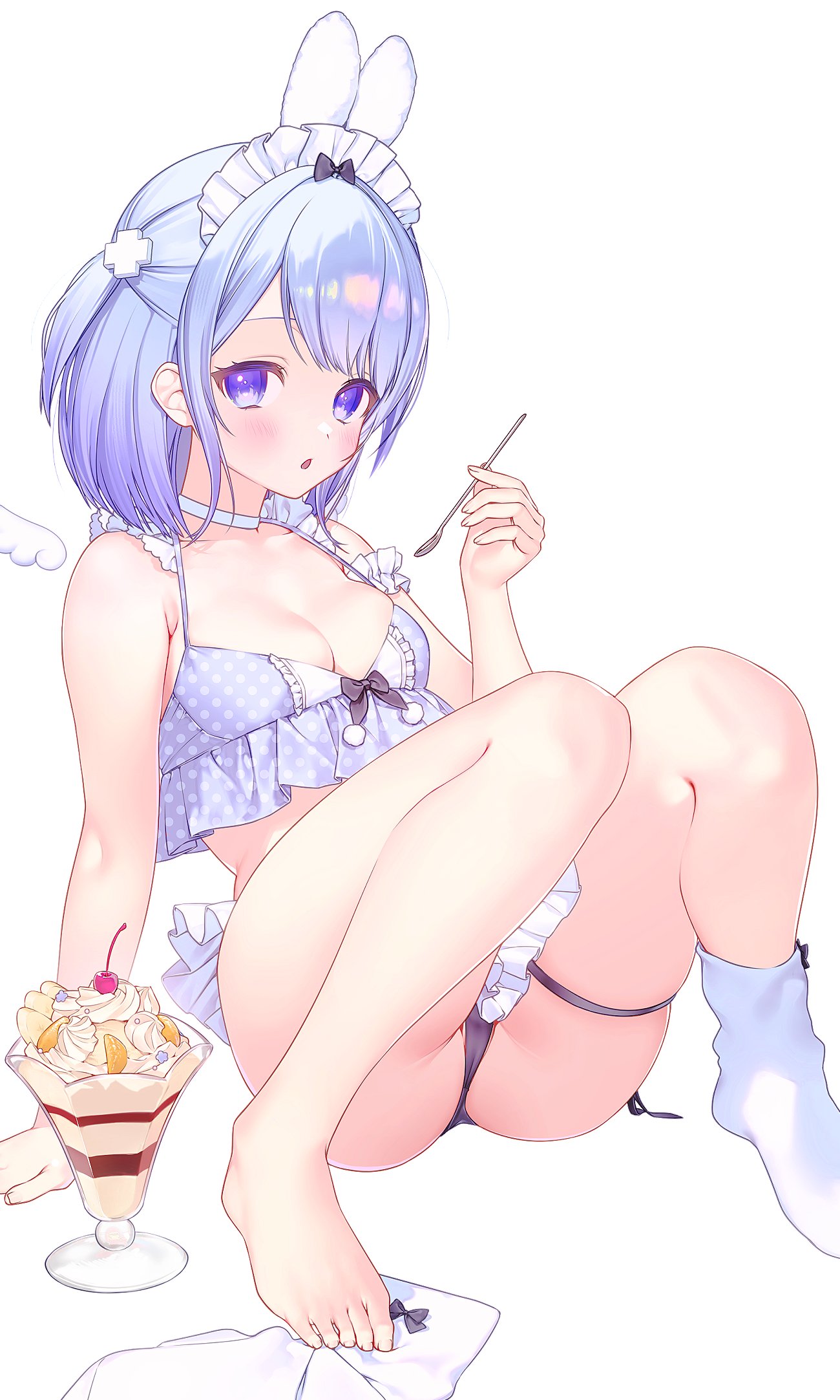 kuma 4go, original, highres, 1girl, apron, bare shoulders, black panties, blush, breasts, camisole, choker, cleavage, food, hairband, holding, holding spoon, legs up, long hair, looking at viewer, medium breasts, mini wings, panties, parfait, purple eyes, purple hair, simple background, single sock, sitting, socks, solo, spoon, thigh strap, underwear, waist apron, white apron, white background, white choker, wings