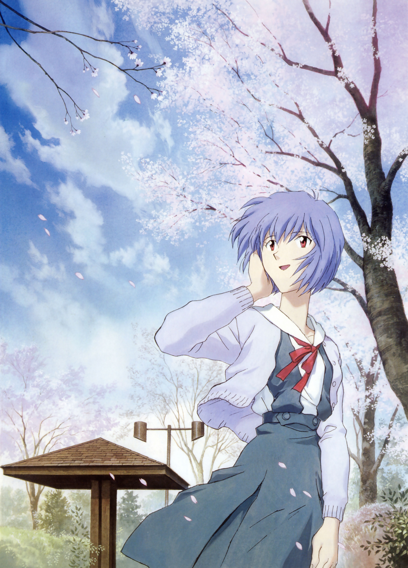 nakayama katsuichi, ayanami rei, neon genesis evangelion, highres, 1girl, blue hair, cherry blossoms, cloud, day, female focus, red eyes, school uniform, serafuku, short hair, smile, solo, sweater