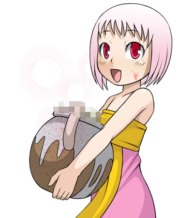 caryo, midori boushi, guu (jungle wa itsumo), jungle wa itsumo hare nochi guu, lowres, 1girl, censored, censored food, fake censor, female focus, jar, mosaic censoring, pink hair, red eyes, smile, solo
