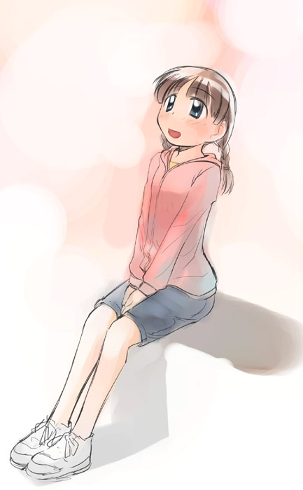 ikeda jun (mizutamari), original, 1girl, between thighs, braid, brown hair, female focus, hood, hoodie, no socks, open mouth, shoes, shorts, sitting, sneakers, solo, sweater, thighs, twin braids, v arms