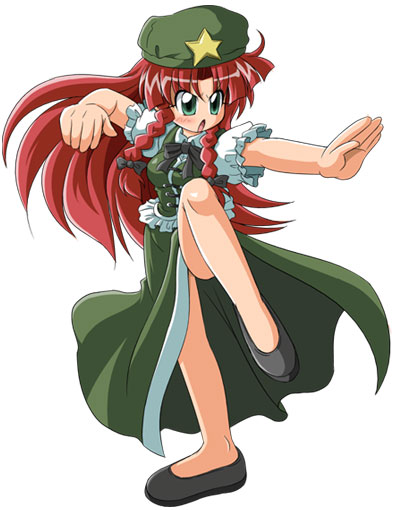 d.a, hong meiling, immaterial and missing power, touhou, 1girl, black shoes, bow, braid, china dress, chinese clothes, dress, female focus, fighting stance, full body, green eyes, hair bow, hat, long hair, red hair, shoes, shorts, simple background, solo, standing, standing on one leg, star (symbol), twin braids, white background