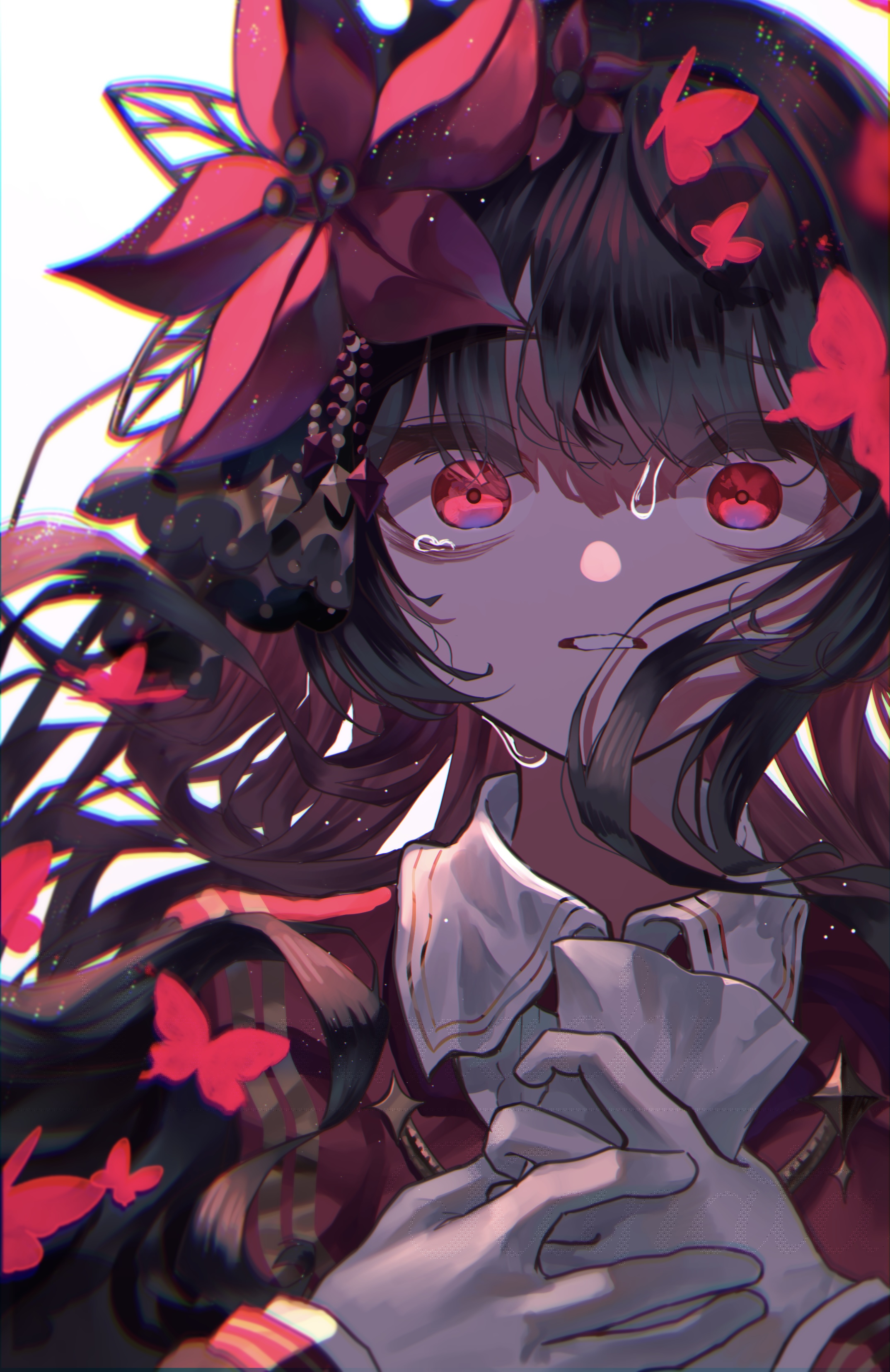 nikaidou hiro, mahou shoujo no majo saiban, absurdres, highres, 1girl, black hair, blunt bangs, bug, butterfly, chromatic aberration, constricted pupils, crying, crying with eyes open, floating hair, flower, hair flower, hair ornament, hands up, harumachi kanata, holding, holding paper, insect, long hair, looking at viewer, magical girl, nervous sweating, own hands together, paper, red butterfly, red eyes, red flower, simple background, solo, sweat, tears, upper body, white background, wide-eyed