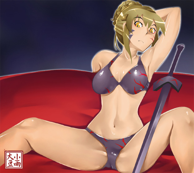 kosame daizu, artoria pendragon (fate), saber (fate), saber alter, fate/stay night, fate (series), 00s, 1girl, arm up, armpits, blonde hair, bra, curvy, excalibur morgan (fate), female focus, lingerie, panties, sitting, solo, spread legs, sword, underwear, underwear only, weapon, yellow eyes
