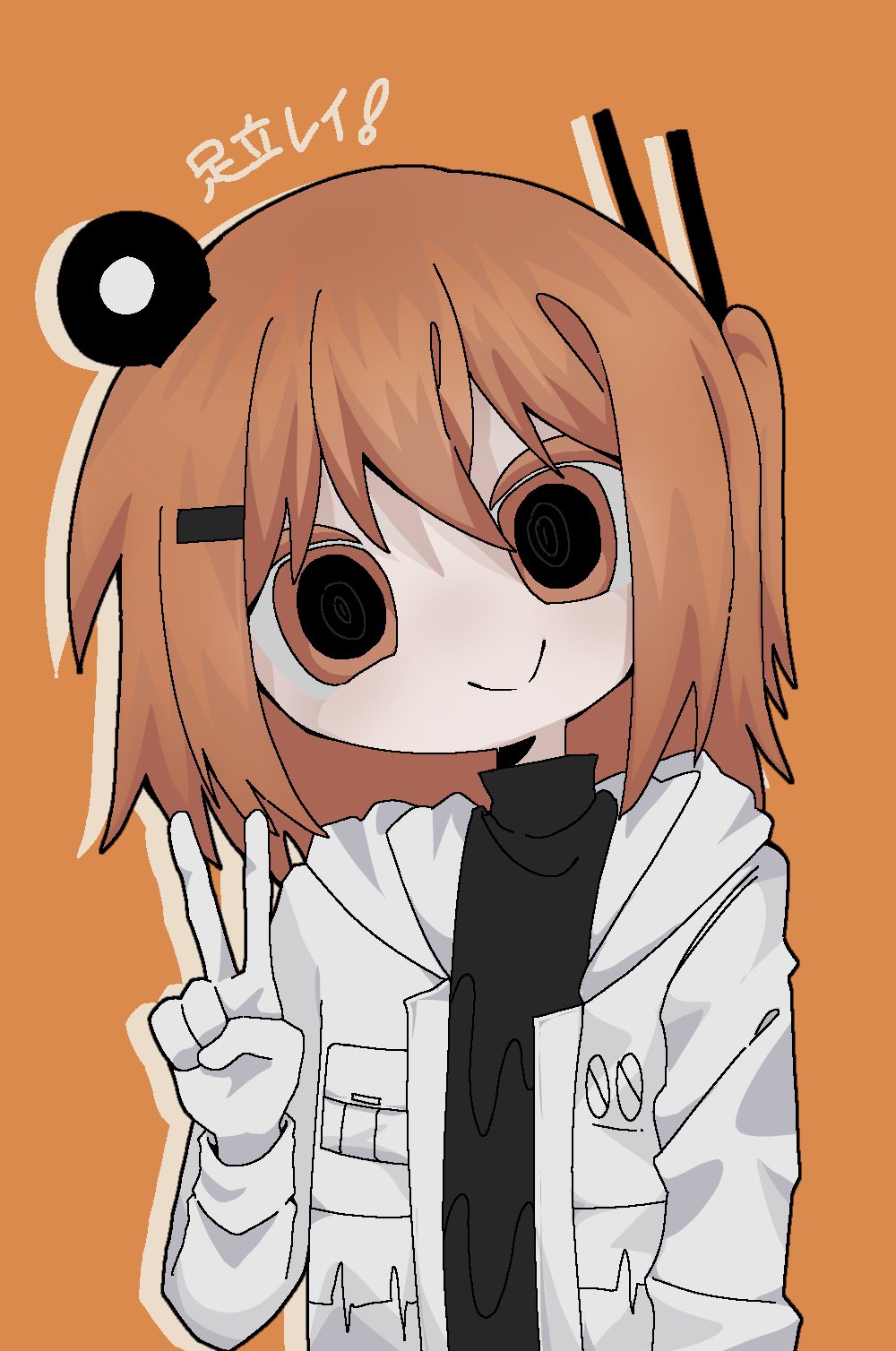 sn (sn utu00), adachi rei, a.i. voice, utau, highres, 1girl, black shirt, character name, closed mouth, gloves, hand up, jacket, long sleeves, looking at viewer, open clothes, open jacket, orange background, orange eyes, orange hair, shirt, simple background, smile, solo, upper body, v, white gloves, white jacket