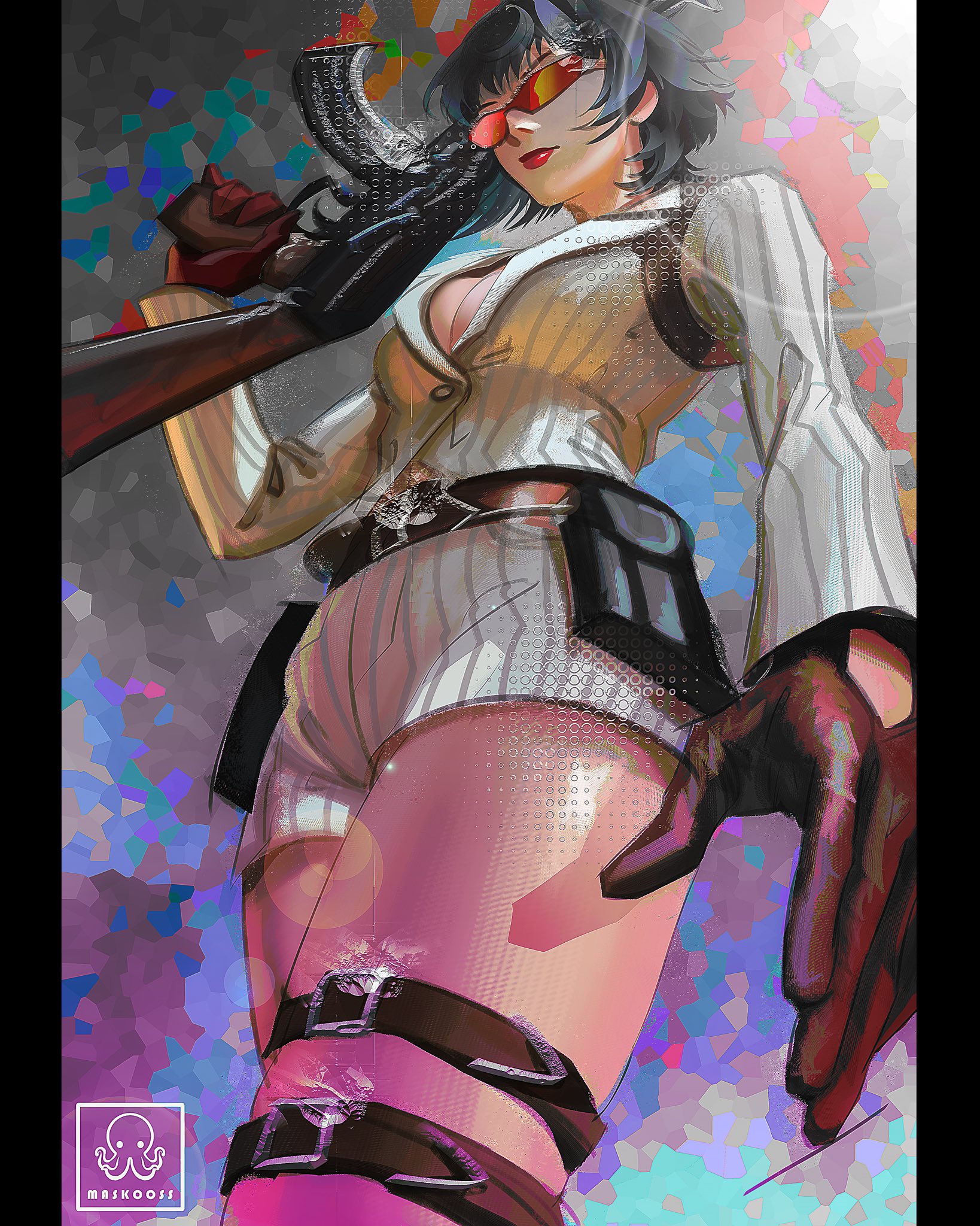 maskoo185826, lady (devil may cry), devil may cry, devil may cry (series), devil may cry 4, highres, 1girl, ak-47, artist name, assault rifle, belt, black hair, breasts, cleavage, gloves, gun, holding, holding gun, holding weapon, jacket, kalashnikov rifle, multiple thigh straps, orange-tinted eyewear, rifle, shorts, signature, sunglasses, tinted eyewear, weapon, white jacket, white shorts
