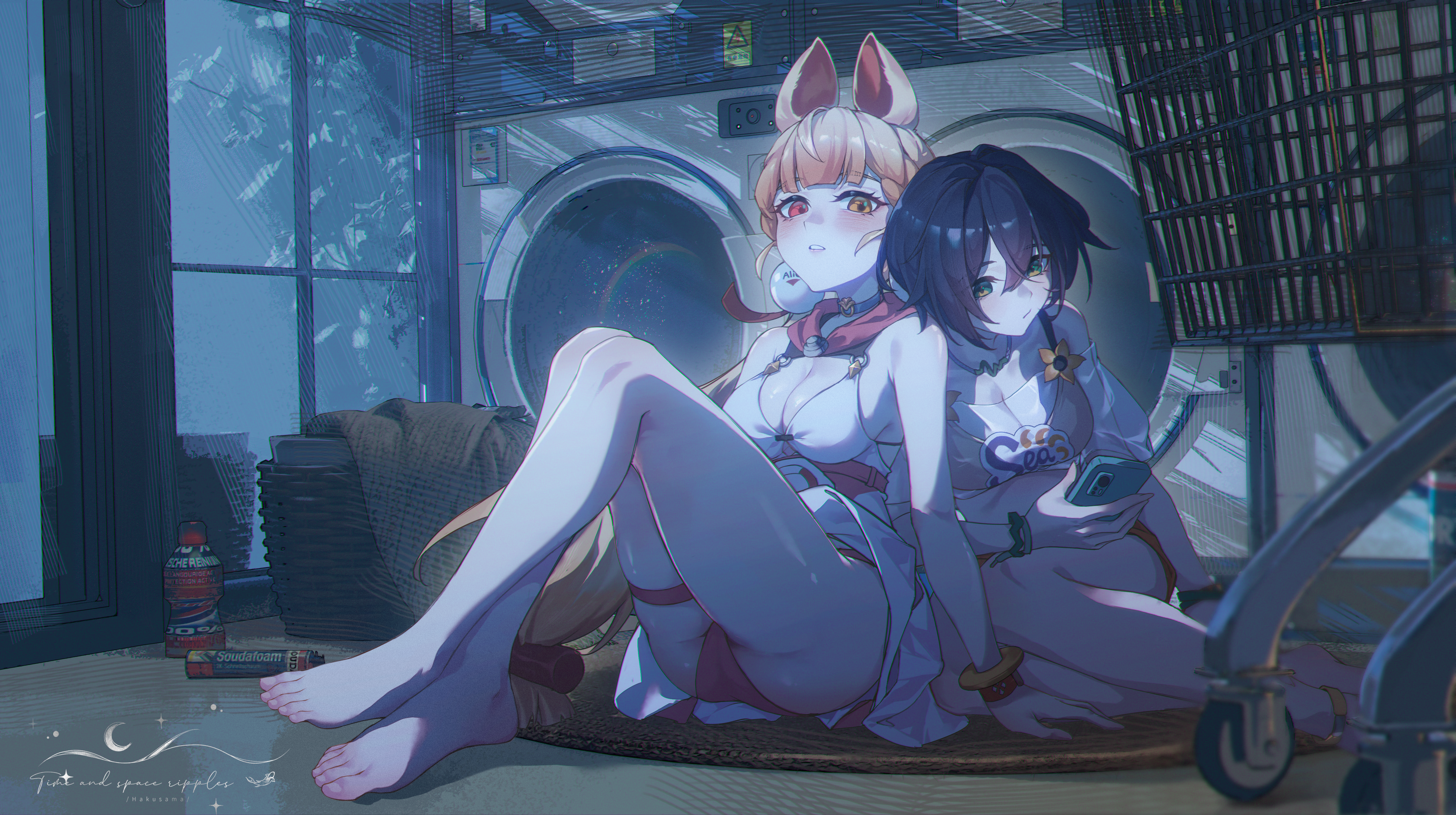 hakusama233, alice thymefield, alice thymefield (sea of thyme), belle (summer skies) (zenless zone zero), belle (zenless zone zero), zenless zone zero, absurdres, commentary request, highres, 2girls, animal ears, ass, barefoot, bikini, bikini under clothes, blonde hair, blue hair, blush, bracelet, breasts, cleavage, dress swimsuit, feet, green eyes, heterochromia, holding, holding phone, indoors, jewelry, knees up, laundry, leaning on person, looking at another, low twintails, medium breasts, multiple girls, night, official alternate costume, orange bikini, orange shorts, parted lips, phone, rabbit ears, rabbit girl, red eyes, see-through clothes, see-through shirt, shirt, shorts, sitting, sphere hair ornament, swimsuit, teeth, thigh strap, toenails, toes, twintails, watch, wristwatch, yellow eyes