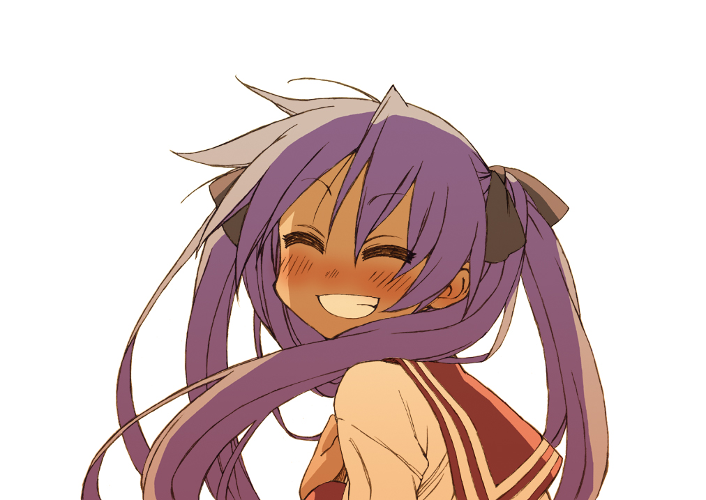 mikami komata, mikami konu, hiiragi kagami, lucky star, 00s, blush, closed eyes, grin, hair ribbon, purple hair, ribbon, school uniform, serafuku, simple background, smile, solo, teeth, twintails
