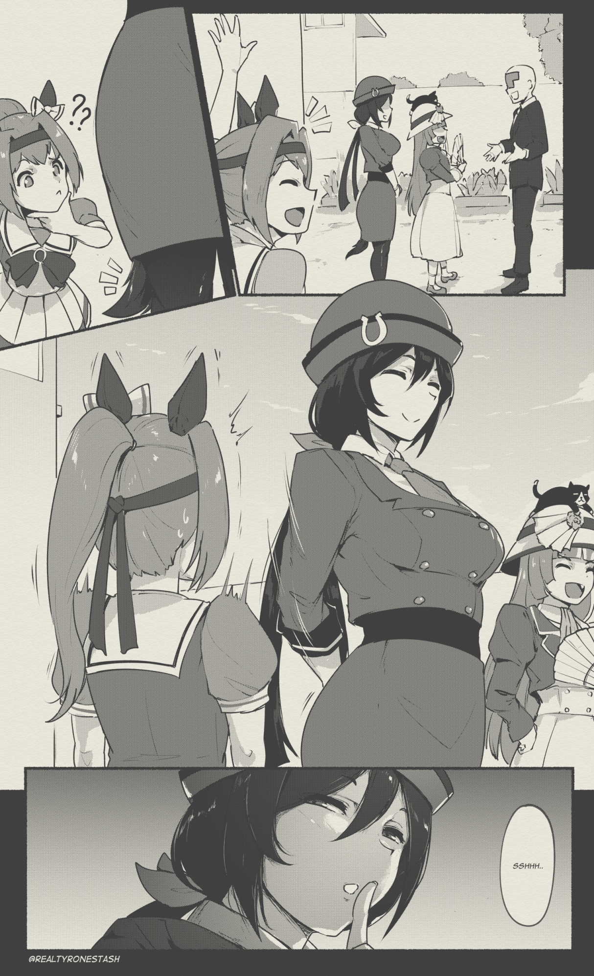 tyrone, akikawa yayoi (umamusume), haru urara (umamusume), hayakawa tazuna, t-head trainer (umamusume), trainer (umamusume), umamusume, commentary, english commentary, highres, 1boy, 3girls, :d, ?, ??, ^ ^, animal ears, closed eyes, closed mouth, finger to mouth, greyscale, hat, horse ears, horse girl, horse tail, index finger raised, monochrome, multiple girls, open mouth, school uniform, shushing, smile, tail, tracen school uniform, twitter username