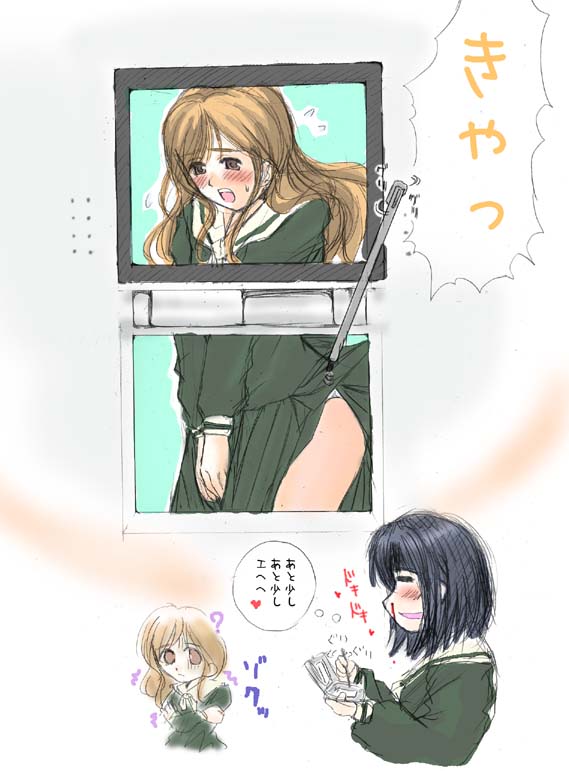 nijou noriko, toudou shimako, maria-sama ga miteru, translated, 00s, 2girls, blood, clothes lift, comic, fake screenshot, handheld game console, multiple girls, nintendo ds, nosebleed, panties, school uniform, serafuku, skirt, skirt lift, underwear