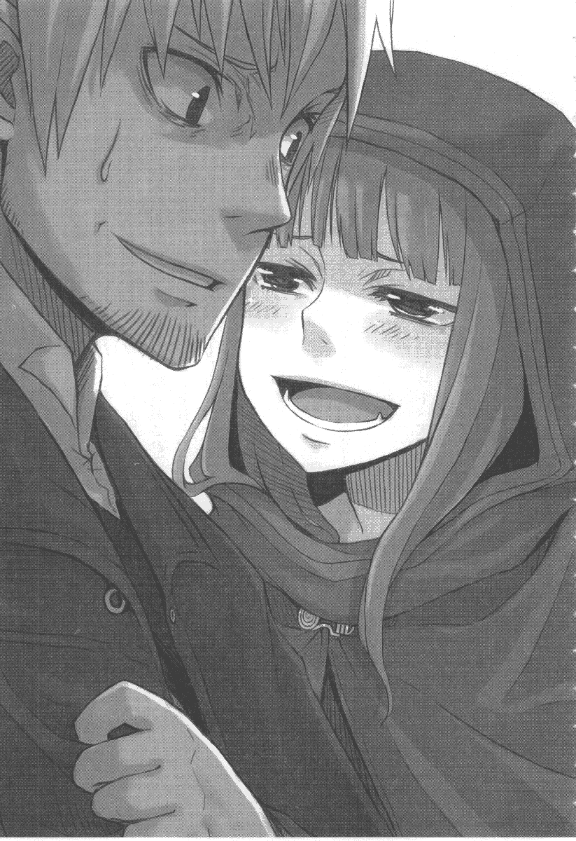 ayakura juu, craft lawrence, holo, spice and wolf, highres, novel illustration, official art, 00s, 1boy, 1girl, animal ears, greyscale, monochrome, wolf ears