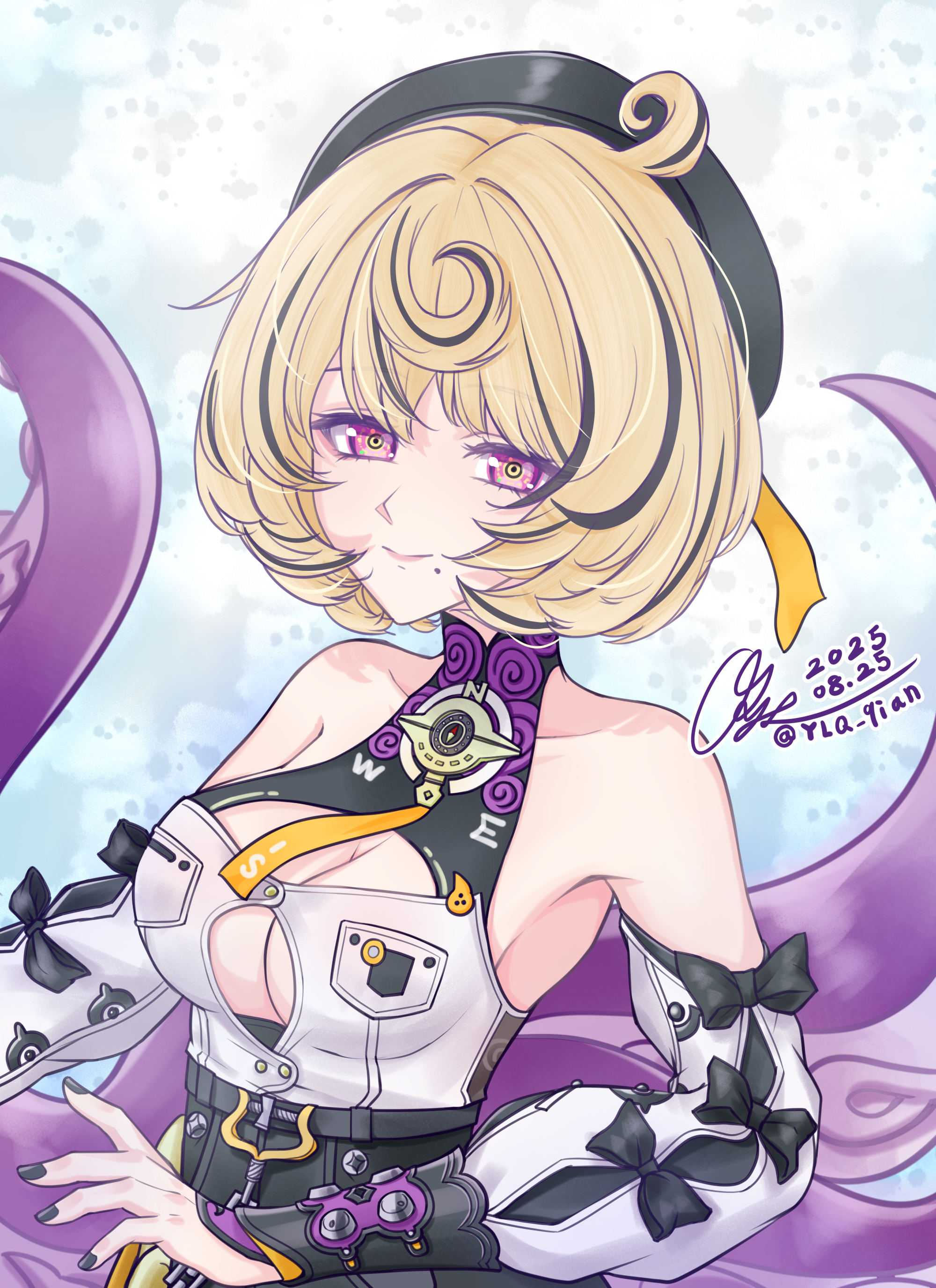 y.l.q., yidhari (zenless zone zero), zenless zone zero, absurdres, commentary request, highres, 1girl, bare shoulders, black hair, black hat, black nails, blonde hair, breasts, cleavage, cleavage cutout, clothing cutout, cowlick, detached sleeves, hat, long sleeves, looking at viewer, medium breasts, mole, mole under mouth, multicolored hair, nail polish, purple eyes, short hair, smile, solo, streaked hair, tentacles, upper body