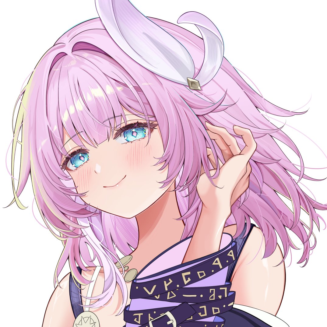 millchi, cyrene (honkai: star rail), honkai: star rail, honkai (series), commentary request, 1girl, bare shoulders, blue eyes, coat, hair ornament, jewelry, multicolored hair, necklace, pink hair, purple coat, simple background, smile, solo, two-tone hair, upper body, white background, white hair