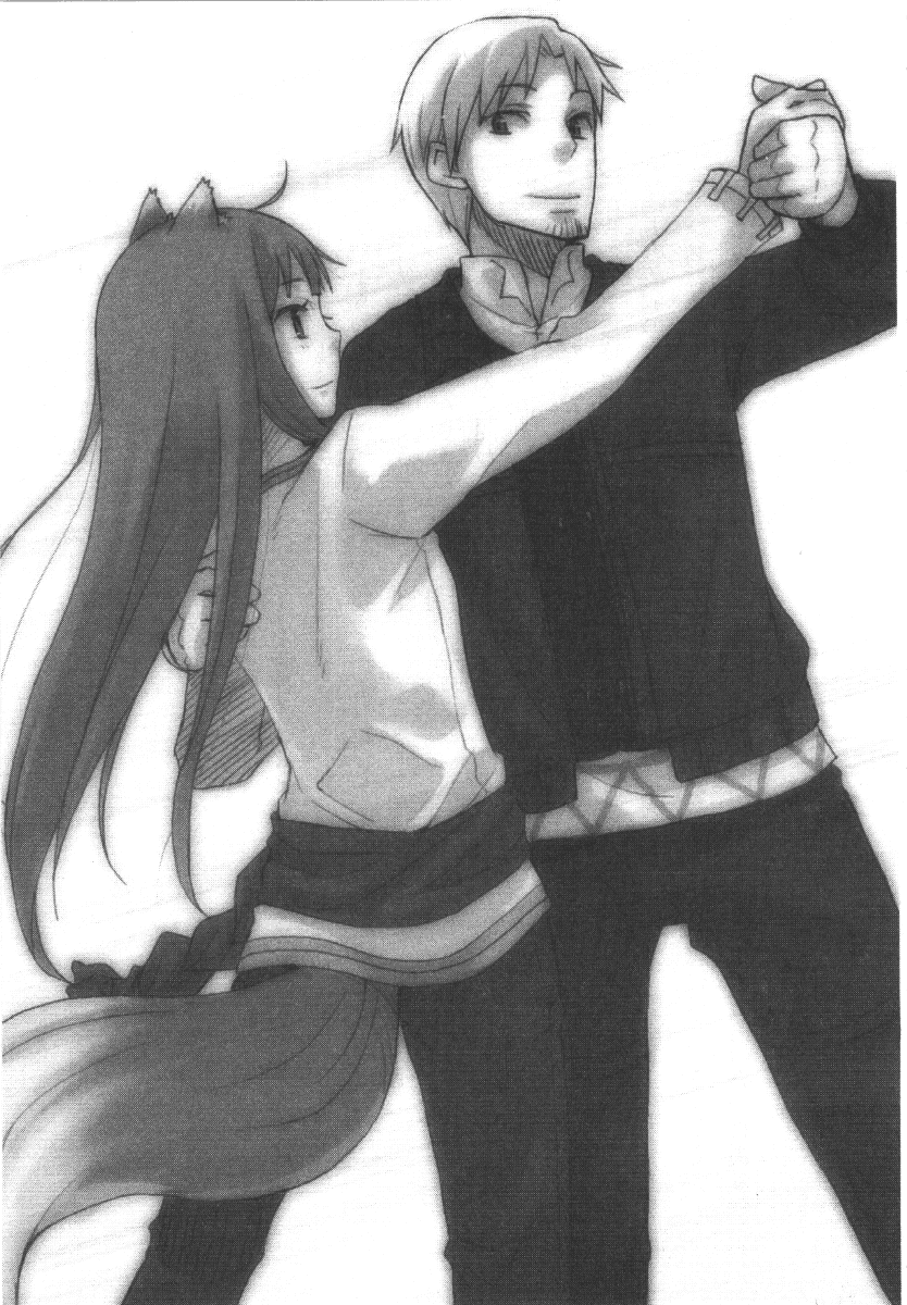 ayakura juu, craft lawrence, holo, spice and wolf, highres, novel illustration, official art, 00s, 1boy, 1girl, animal ears, dancing, greyscale, monochrome, tail, wolf ears, wolf tail