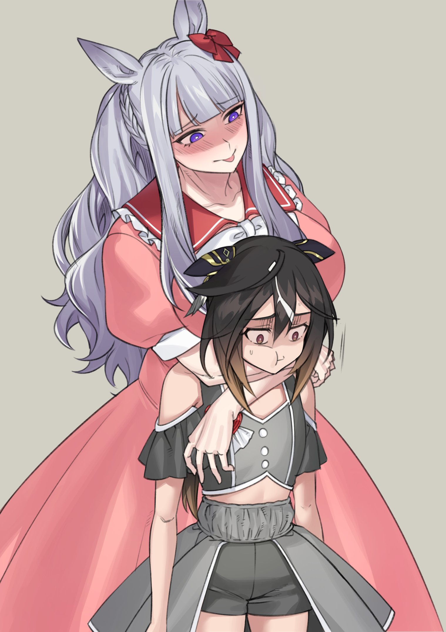fukuro (maruaru00), stay gold (umamusume), original, umamusume, bilingual commentary, commentary request, highres, mixed-language commentary, 2girls, :t, arms around neck, black hair, blunt bangs, bow, bowtie, braid, bright pupils, brown background, brown eyes, brown hair, clenched hand, dress, ear bow, ear covers, ears down, feather hair ornament, feathers, flat chest, frilled sailor collar, frills, gradient hair, grey hair, grey shorts, grey skirt, hair between eyes, hair ornament, horse girl, midriff, monochrome, motion lines, multicolored hair, multiple girls, official alternate costume, overskirt, personification, point flag (racehorse), purple eyes, red bow, red dress, red sailor collar, sailor collar, sanpaku, shaded face, shorts, size difference, skirt, tongue, tongue out, white bow, white bowtie, white hair