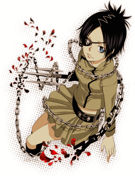 chrome dokuro, katekyo hitman reborn!, 00s, 1girl, chain, eyepatch, female focus, halftone, halftone background, school uniform, serafuku, skirt, solo, white background