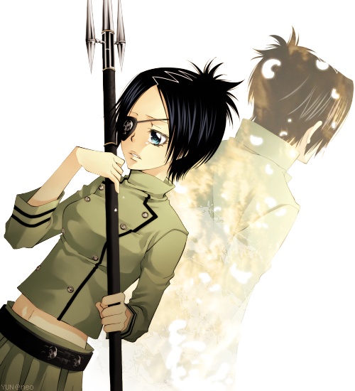 chrome dokuro, rokudou mukuro, katekyo hitman reborn!, 00s, 1boy, 1girl, eyepatch, school uniform, serafuku, skirt, white background