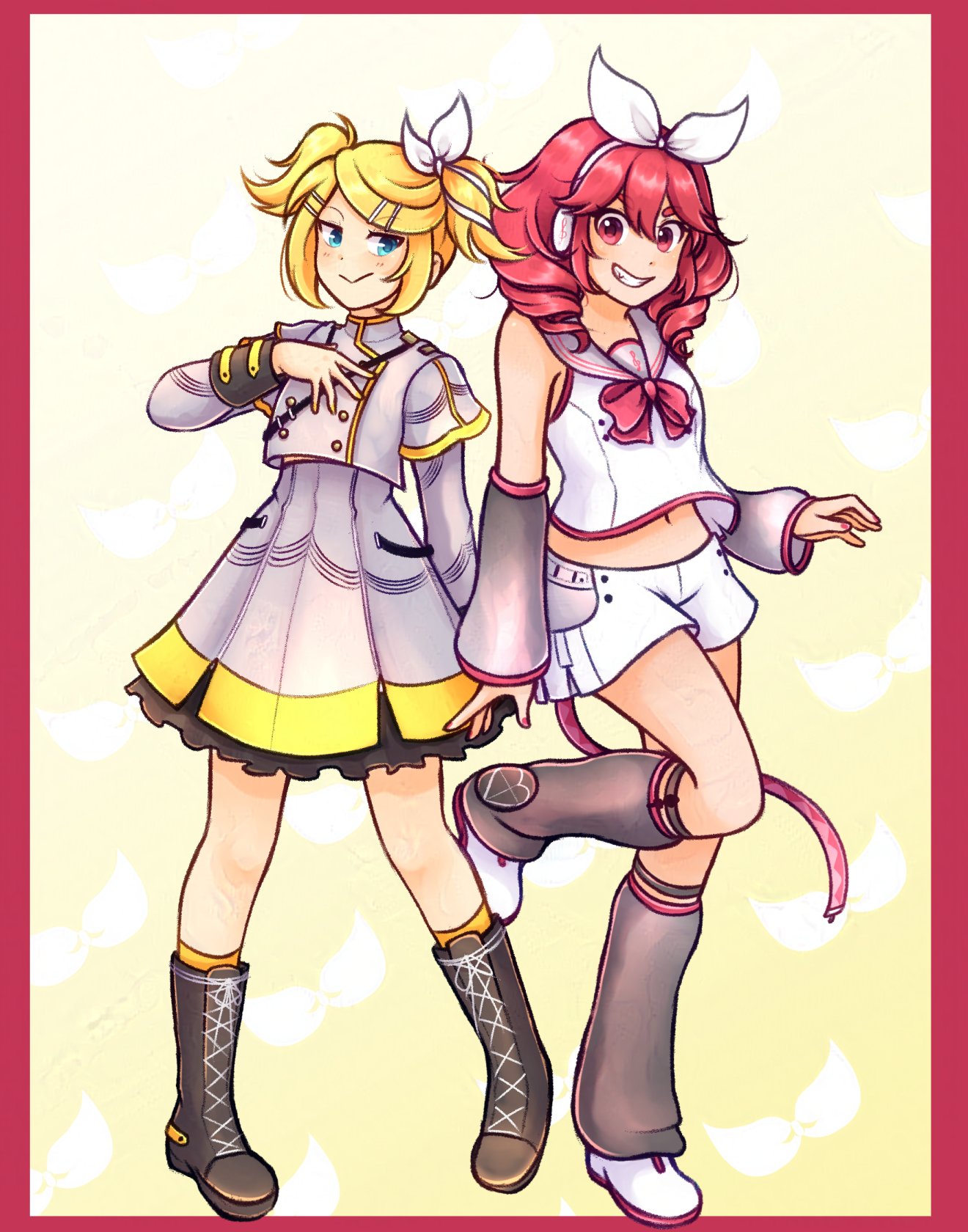 chanpotei, kagamine rin, kasane teto, kasane teto (sv), synthesizer v, utau, vocaloid, adversarial noise, commentary, english commentary, highres, 2girls, armpit peek, bare shoulders, belt, black boots, blue eyes, boots, border, bow, bowtie, buttons, closed mouth, detached sleeves, grey jacket, grey leg warmers, grey skirt, grey sleeves, hair bow, hair ornament, hairclip, hand on own chest, jacket, leg warmers, looking at another, looking at viewer, midriff, multiple girls, navel, patterned background, red belt, red border, red bow, red bowtie, red eyes, red hair, red nails, red trim, sailor collar, shirt, shoes, short twintails, shorts, skirt, sleeveless, sleeveless shirt, smile, teeth, twintails, vocaloid boxart pose, white bow, white sailor collar, white shirt, white shoes, white shorts, yellow background, yellow trim
