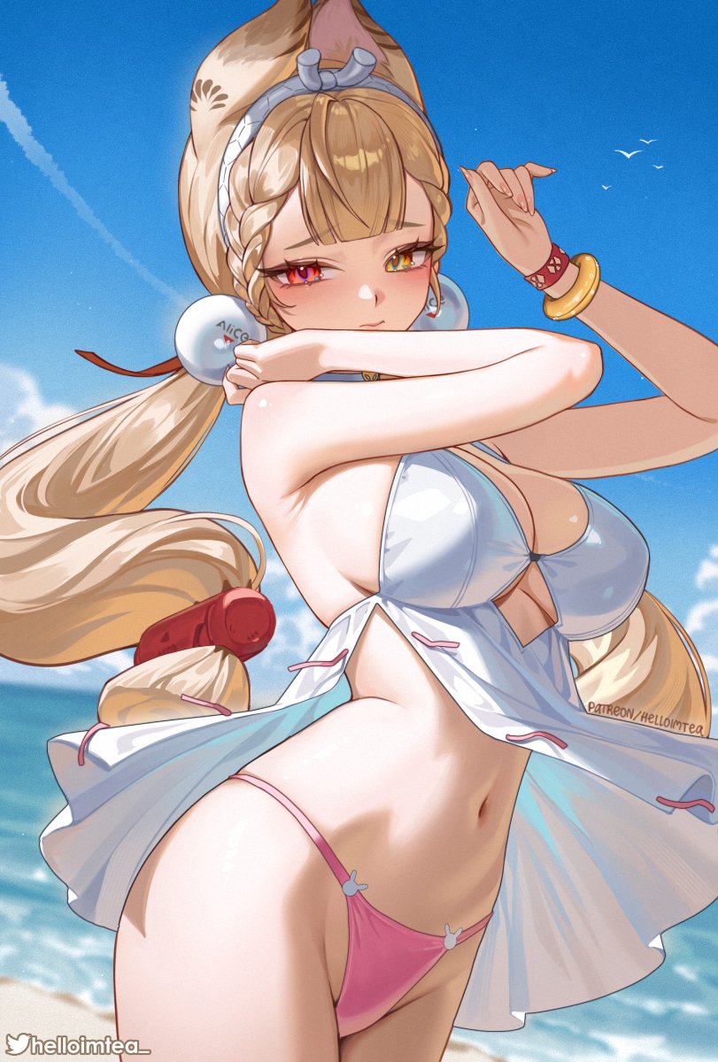 helloimtea, alice thymefield, zenless zone zero, commentary, highres, paid reward available, 1girl, animal ears, armpit crease, artist name, bare shoulders, blonde hair, blue sky, blush, bracelet, breasts, closed mouth, cowboy shot, day, dress, fingernails, groin, hairband, hands up, heterochromia, jewelry, long fingernails, long hair, looking at viewer, low twintails, medium breasts, navel, ocean, outdoors, panties, pink panties, rabbit ears, rabbit girl, red eyes, sky, solo, sphere hair ornament, stomach, thighs, twintails, underwear, white dress, white hairband, wind, yellow eyes