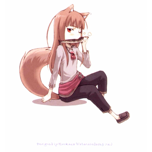 ayakura juu, holo, spice and wolf, novel illustration, official art, scan, 00s, 1girl, animal ears, eating, female focus, fish, solo, tail, wolf ears, wolf tail