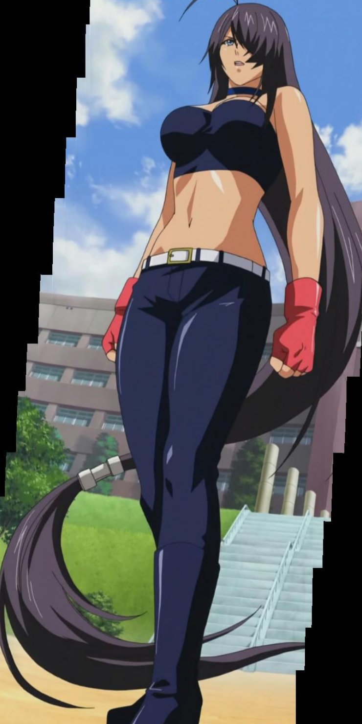 kan'u unchou, ikkitousen, anime screenshot, highres, stitched, third-party edit, 00s, 1girl, ahoge, bare shoulders, belt, black hair, blue boots, blue pants, boots, collar, day, female focus, fingerless gloves, from below, gloves, hair over one eye, long hair, low-tied long hair, midriff, navel, outdoors, pants, red gloves, solo, strapless, very long hair
