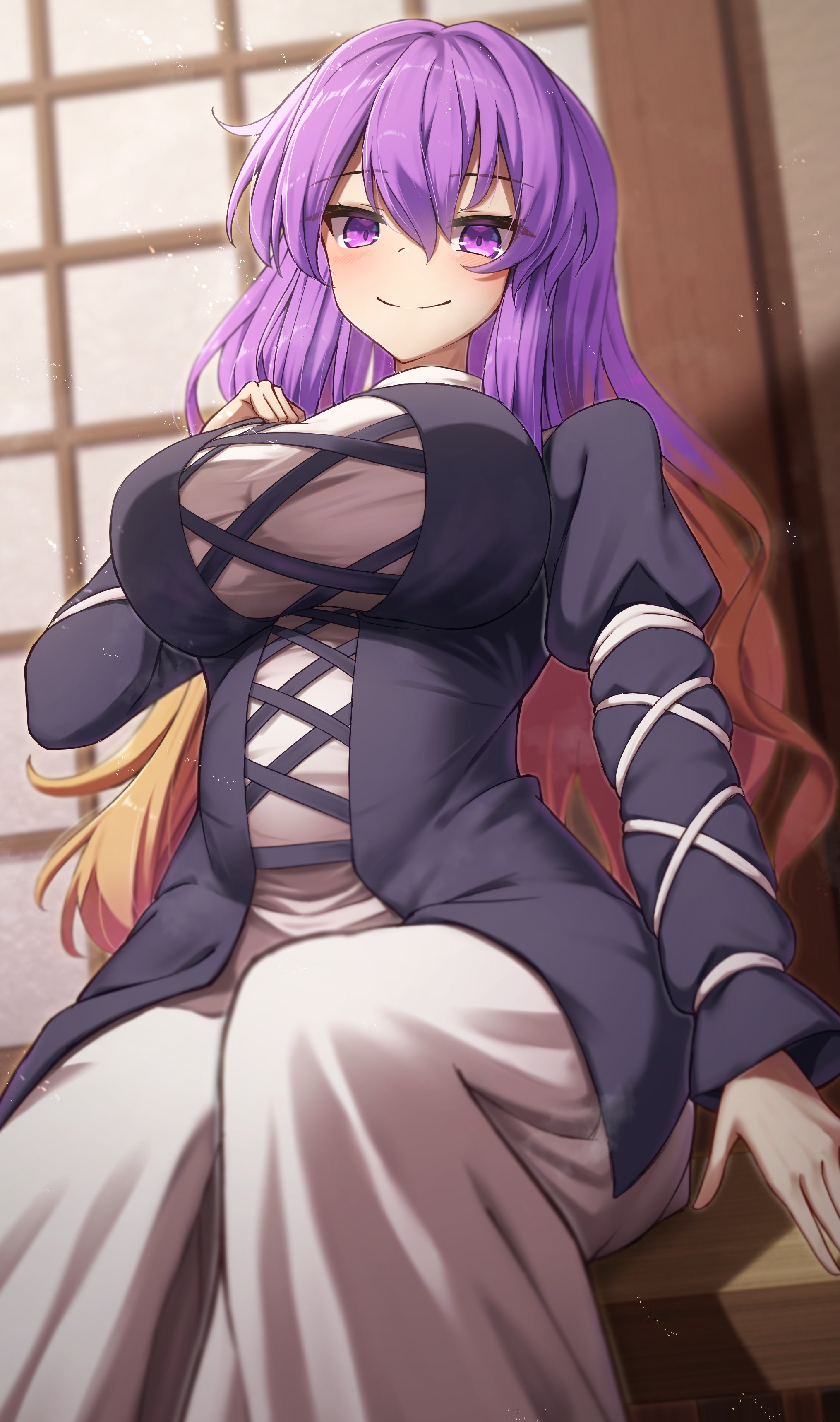 yosshy, hijiri byakuren, touhou, absurdres, highres, 1girl, black dress, breasts, brown hair, dress, large breasts, long hair, multicolored hair, purple eyes, purple hair, sitting, smile, solo, two-tone hair, white dress