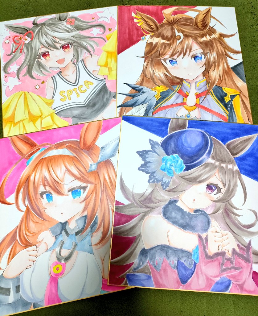 terimuku, duramente (umamusume), kitasan black (umamusume), mihono bourbon (umamusume), rice shower (umamusume), umamusume, commentary request, photo (medium), traditional media, 4girls, :d, :o, ahoge, animal ears, bare shoulders, black hair, blue dress, blue flower, blue hat, blue rose, blush, breasts, brown hair, cheerleader, closed mouth, dress, flower, grey hairband, hair between eyes, hair ornament, hairband, hat, hat flower, horse ears, large breasts, leotard, long sleeves, multicolored hair, multiple girls, off-shoulder dress, off shoulder, open mouth, parted lips, pom pom (clothes), red eyes, rose, shikishi, sleeves past wrists, smile, streaked hair, tilted headwear, two side up, white hair, white leotard
