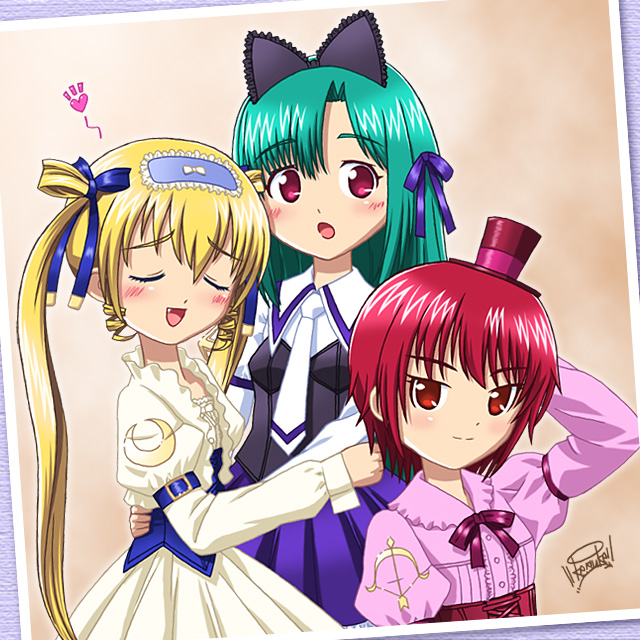 keisuke (kei-station), hayama kotono, hijiri misaki, shirafuji natsuki, saint october, 00s, 3girls, :d, ^ ^, animal ears, aqua hair, arm belt, asymmetrical hair, blonde hair, buckle, cat ears, closed eyes, dress, fake animal ears, hat, juliet sleeves, long sleeves, looking at viewer, multiple girls, open mouth, pink dress, puffy sleeves, red eyes, red hair, side ponytail, smile, top hat, upper body, white dress