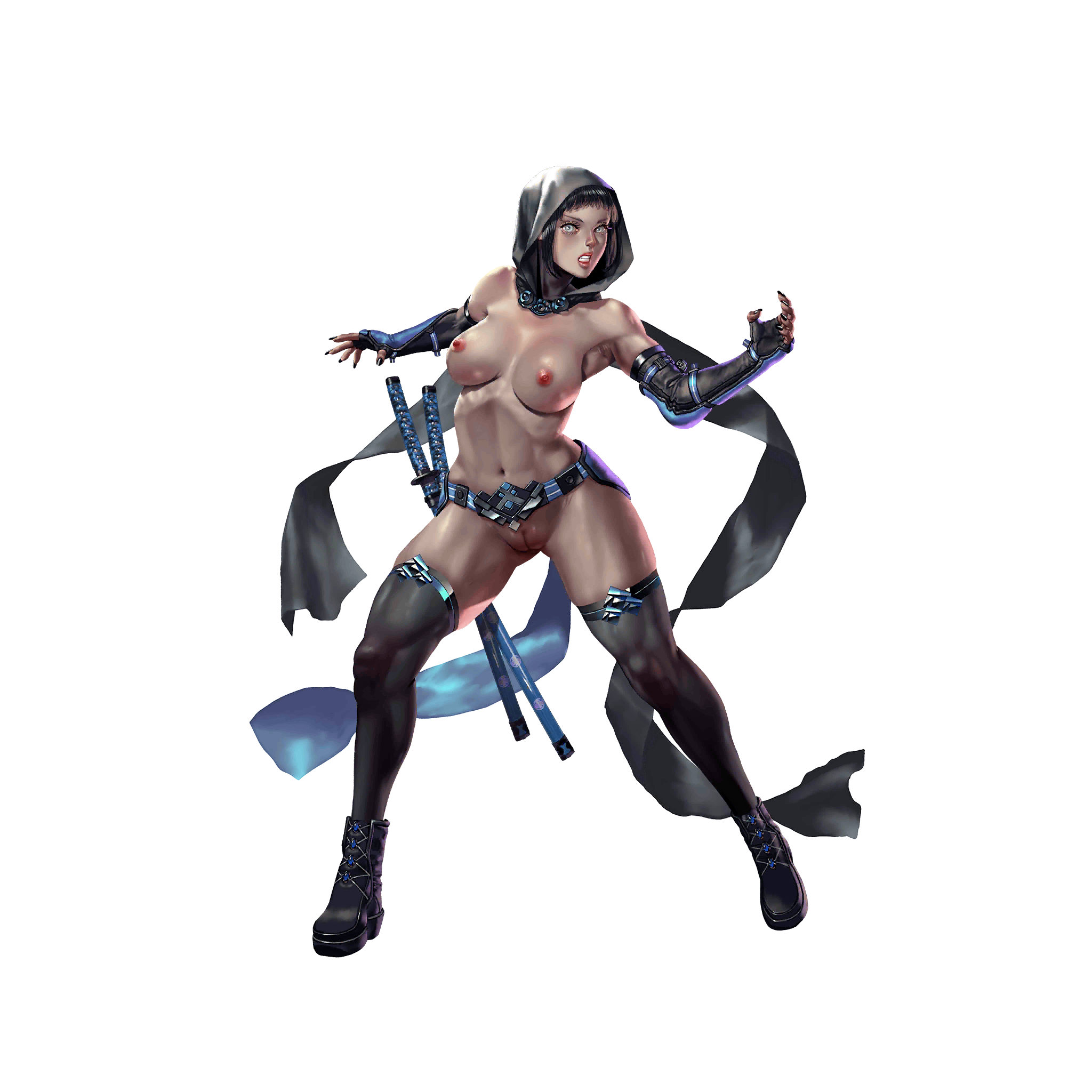 crystal maiden (series), artist request, game cg, highres, official art, variant set, 1girl, angry, bare shoulders, belt, black hair, black nails, blue eyes, boots, breasts, cleavage, frost (crystal maidens), frown, full body, hood, hood up, navel, nipples, nude, pussy, scabbard, sheath, solo, sword, transparent background, weapon