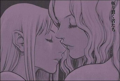 clare (claymore), teresa, claymore (series), lowres, 00s, 2girls, monochrome, multiple girls, purple theme, yuri