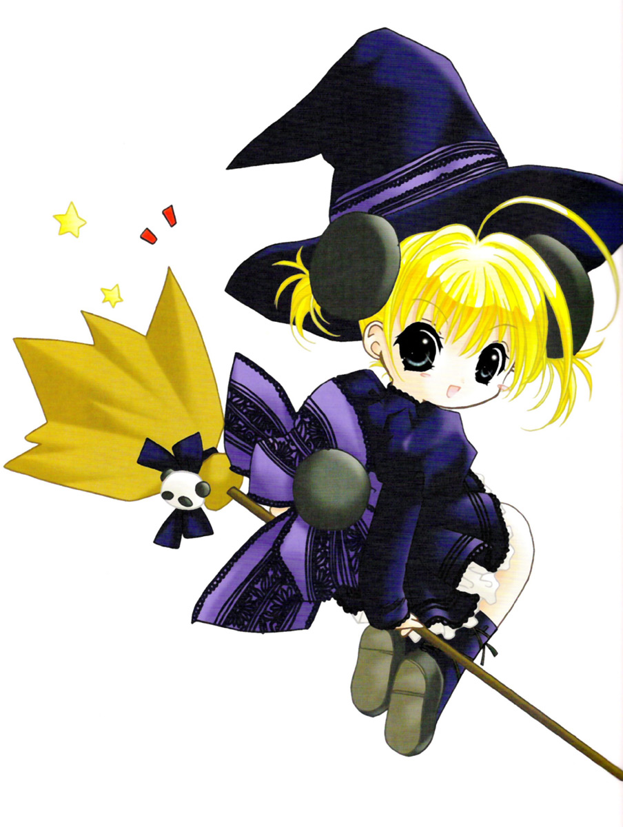 koge donbo, piyoko, di gi charat, highres, 1girl, animal ears, bear tail, black eyes, blonde hair, broom, broom riding, female focus, hat, sidesaddle, simple background, solo, tail, white background, witch, witch hat