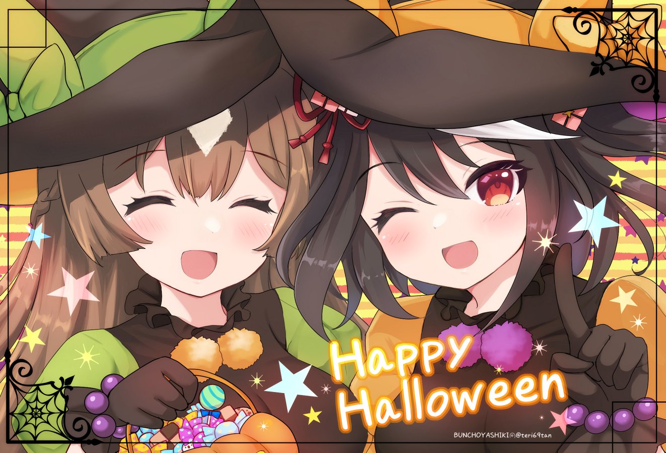 terimuku, kitasan black (umamusume), satono diamond (umamusume), umamusume, commentary request, 2girls, :d, ;d, ^ ^, black dress, black gloves, black hair, black hat, blush, bow, breasts, brown bow, brown hair, candy, candy wrapper, closed eyes, dress, facing viewer, food, gloves, green bow, halloween bucket, hand up, happy halloween, hat, hat bow, holding, index finger raised, large breasts, lollipop, looking at viewer, multicolored hair, multiple girls, one eye closed, open mouth, puffy short sleeves, puffy sleeves, red eyes, short sleeves, smile, star (symbol), streaked hair, striped background, two side up, upper body, white hair, witch hat