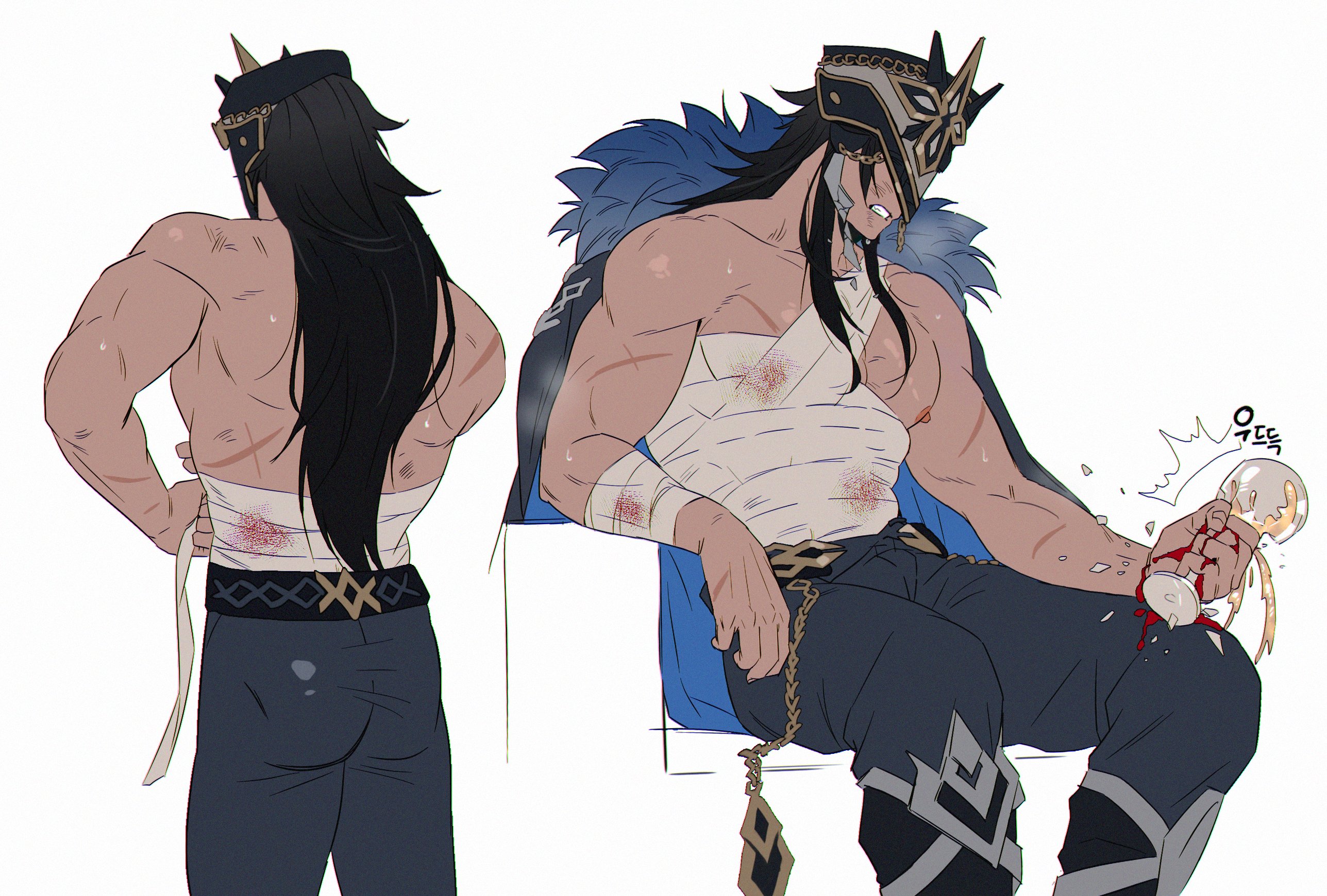 yoma 0 0, capitano (genshin impact), genshin impact, commentary, english commentary, highres, unfinished, 1boy, bandages, belt, black cape, black hair, black pants, blood, bloody bandages, cape, clenched teeth, collarbone, dark-skinned male, dark skin, feather-trimmed cape, feather trim, feet out of frame, helmet, injury, long hair, male focus, multiple views, nipples, pants, pectorals, scar, scar on arm, scar on back, sitting, squeezing, standing, teeth, two-sided cape, two-sided fabric