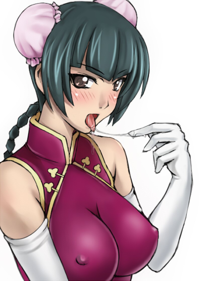 metadora, wang liu mei, gundam, gundam 00, 00s, black hair, blush, braid, breasts, brown eyes, bun cover, china dress, chinese clothes, cleavage, covered erect nipples, double bun, dress, elbow gloves, gloves, hair bun, large breasts, saliva, solo, twin braids