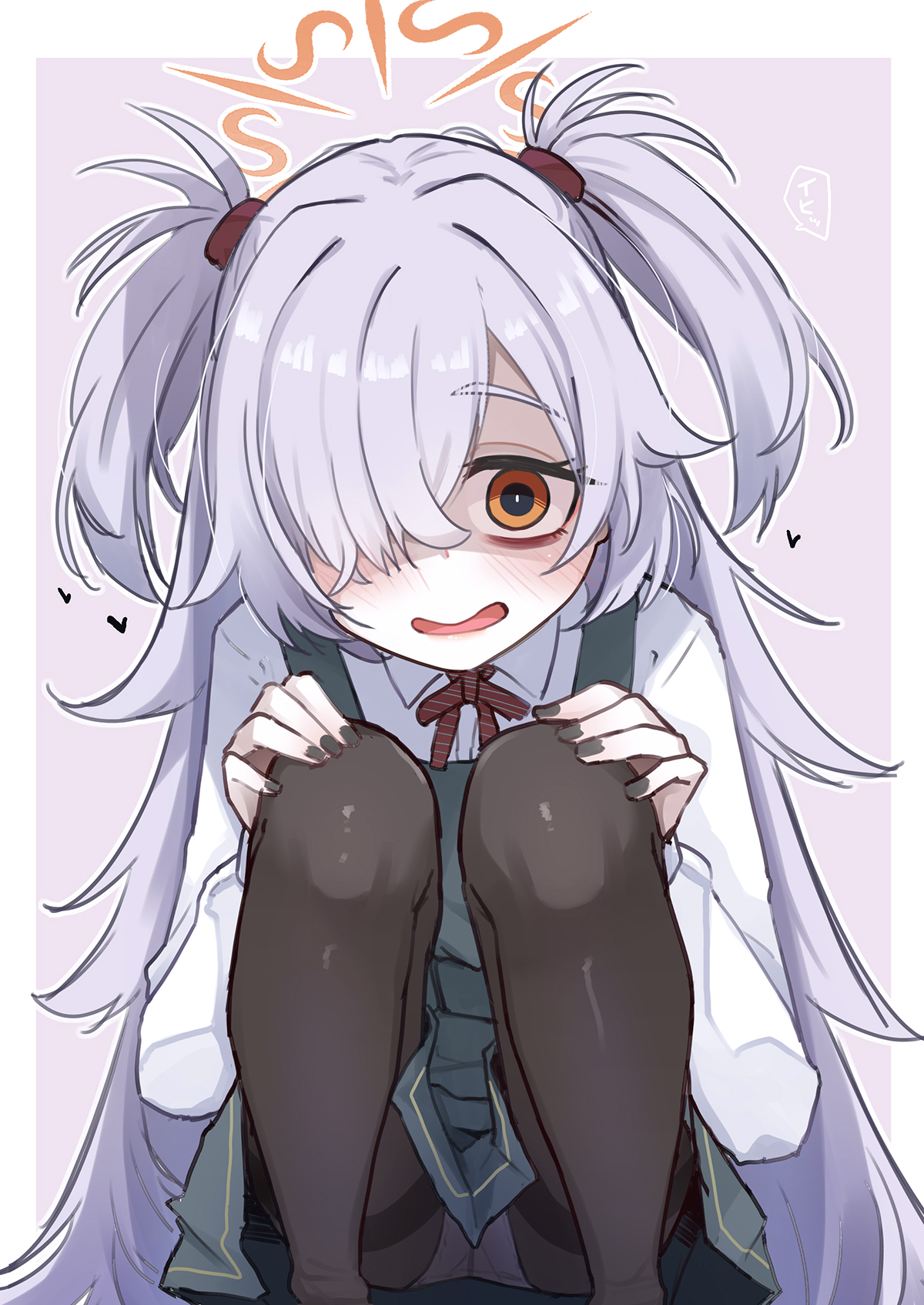 ogami kazuki, kanoe (blue archive), blue archive, commentary, highres, 1girl, black nails, black pantyhose, grey hair, hair ornament, looking at viewer, open mouth, orange eyes, pantyhose, school uniform, skirt