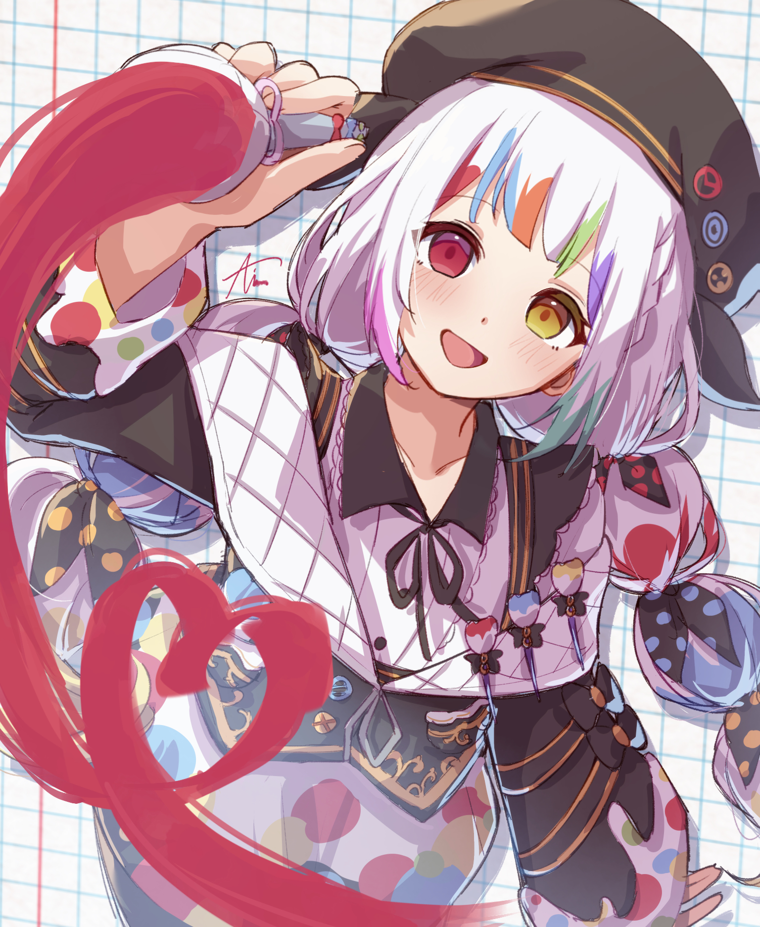 ice cream (aisu aisu 9898), jougasaki noa, mahou shoujo no majo saiban, commentary request, highres, 1girl, :d, arm up, artist painter, beret, black jacket, black ribbon, blunt bangs, braid, collared shirt, drawing on fourth wall, hat, heart, heterochromia, holding, holding paintbrush, jacket, long hair, long sleeves, looking at viewer, magical girl, multi-tied hair, multicolored hair, neck ribbon, open mouth, paintbrush, painting (action), red eyes, ribbon, shirt, smile, solo, streaked hair, twin braids, white hair, white shirt, yellow eyes