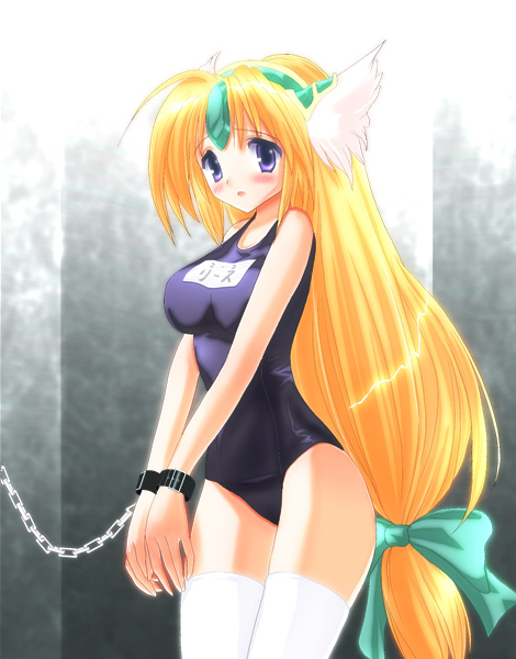 riesz, seiken densetsu, seiken densetsu 3, 1girl, bdsm, blonde hair, bondage, bound, cuffs, female focus, long hair, low-tied long hair, name tag, one-piece swimsuit, school swimsuit, slave, solo, swimsuit, thighhighs