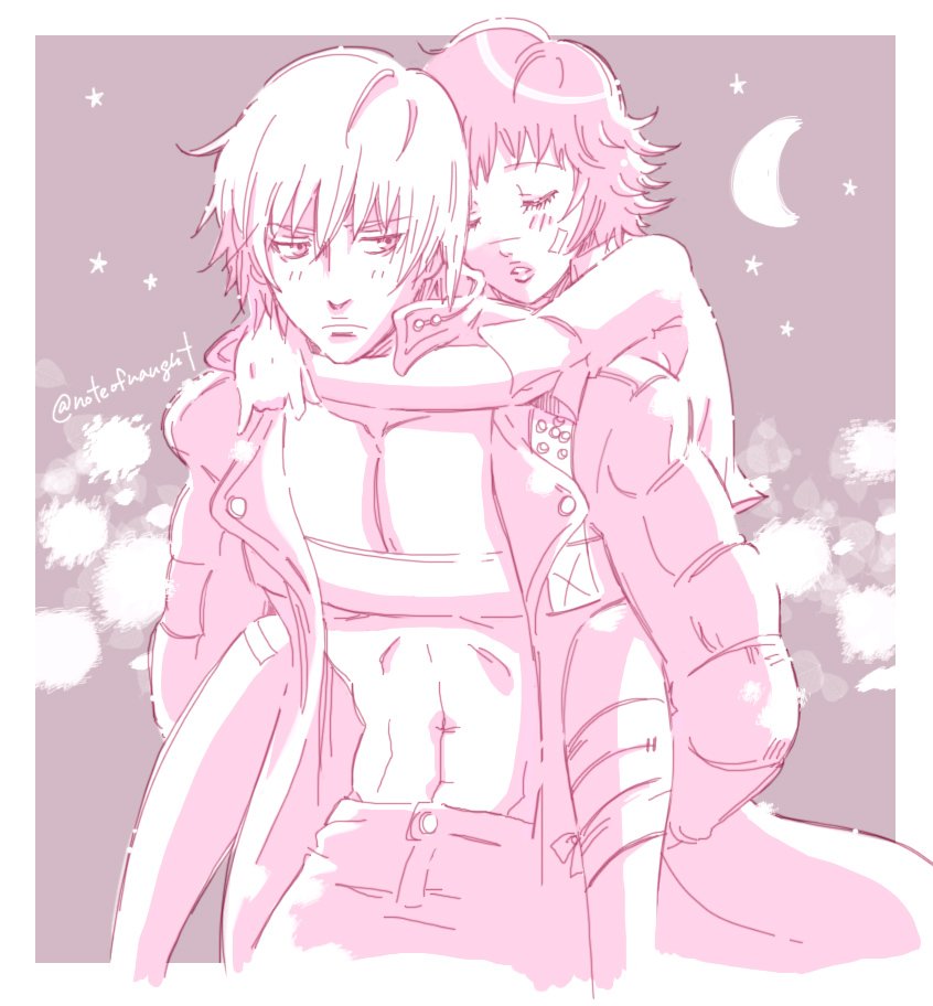 allie (united f), dante (devil may cry), lady (devil may cry), devil may cry, devil may cry (series), devil may cry 3, 1boy, 1girl, artist name, black hair, carrying, carrying person, closed eyes, coat, monochrome, no shirt, pants, parted lips, white hair