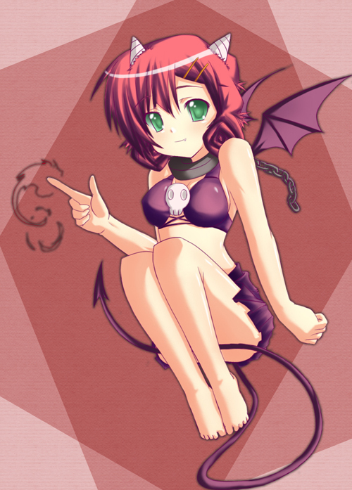 luchi, 1girl, bat wings, breasts, chain, cleavage, collar, fang, female focus, green eyes, horns, medium breasts, red hair, skirt, solo, tail, wings