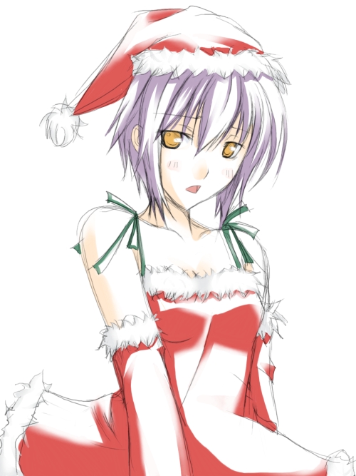 ribi, nagato yuki, suzumiya haruhi no yuuutsu, 00s, 1girl, christmas, female focus, purple hair, santa costume, solo, yellow eyes