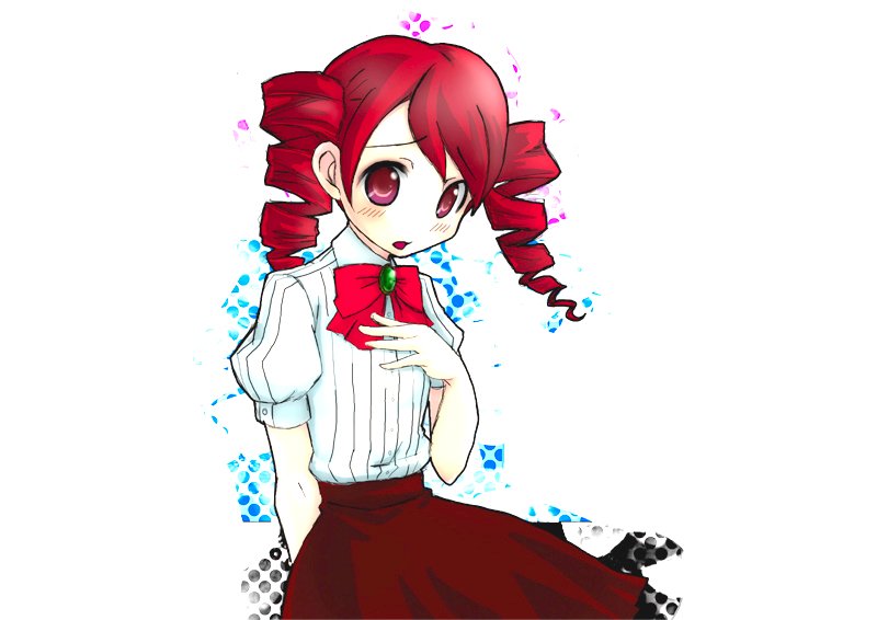hokoro, kirijou mitsuru, atlus, persona, persona 3, bad id, bad pixiv id, 1girl, aged down, blush, bow, child, drill hair, female focus, long hair, looking at viewer, open mouth, puffy short sleeves, puffy sleeves, red eyes, red hair, school uniform, short sleeves, simple background, skirt, solo