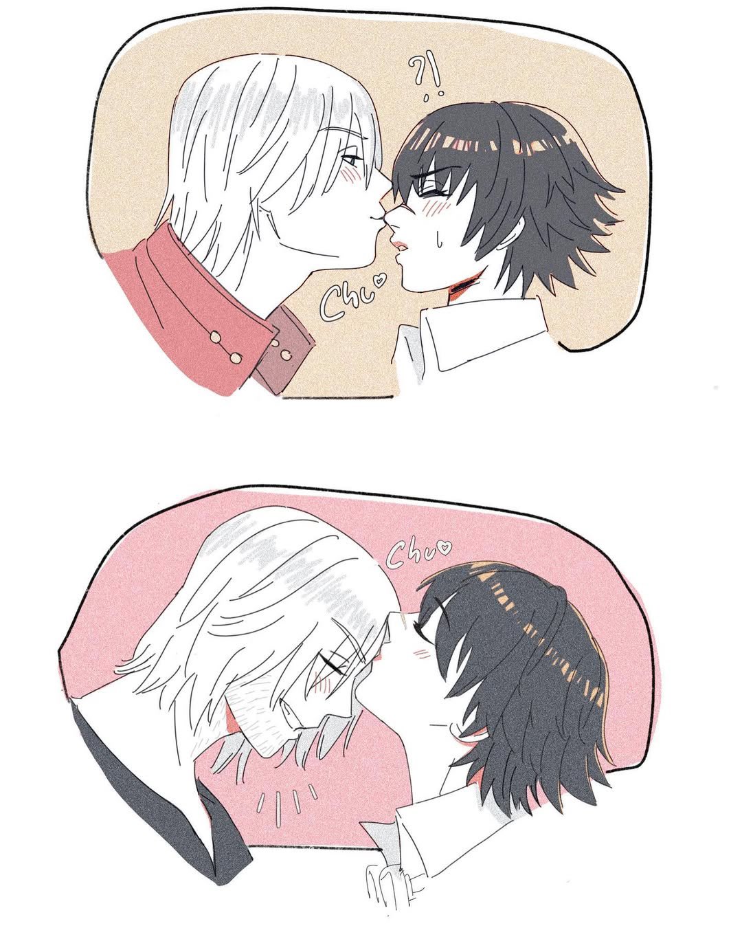 jumpoon, dante (devil may cry), lady (devil may cry), devil may cry, devil may cry (series), devil may cry 3, devil may cry 5, highres, 1boy, 1girl, black hair, blush, closed eyes, from side, kiss, kissing forehead, scar, scar on face, scar on nose, sweatdrop, white hair